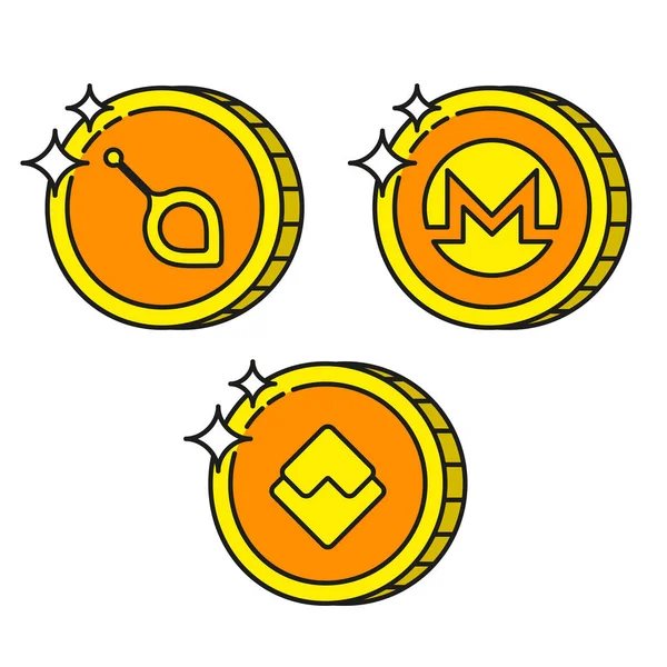 Cryptocurrency black outline gold icons monero, waves, siacoin — Stock Vector