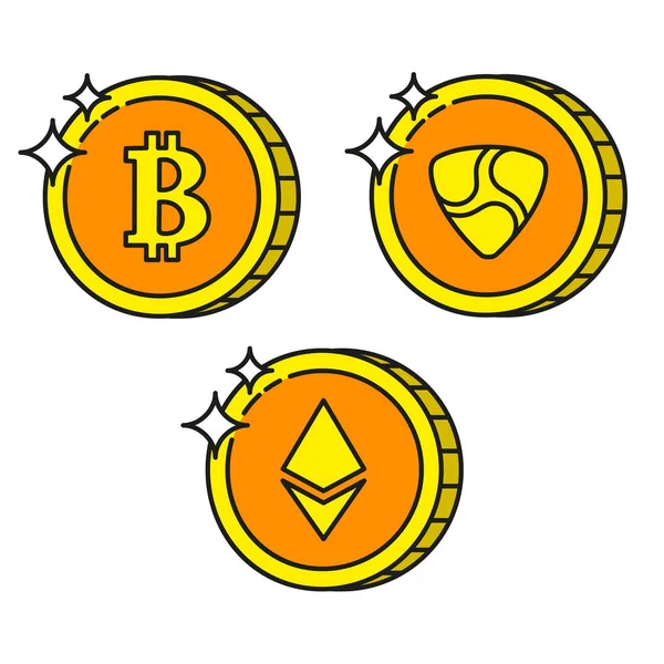 Cryptocurrency black outline gold icons ethereum, bitcoin, nem — Stock Vector