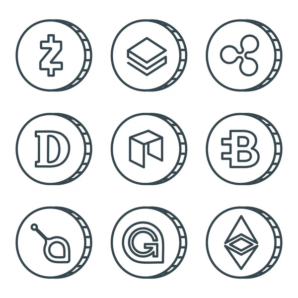 Cryptocurrency black outline icon set isolated — Stock Vector