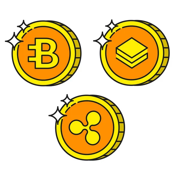 Cryptocurrency black outline gold icons bytecoin, ripple and stratis — Stock Vector