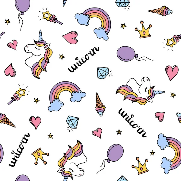 Unicorn, regenboog en harten naadloze patroon hand tekenen geïsoleerd op witte achtergrond — Stockvector