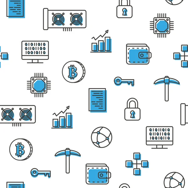 Moeda virtual bitcoin mineração sem costura padrão ícones azuis com fundo branco — Vetor de Stock