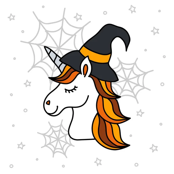 Şirin halloween tek boynuzlu at portre cadı şapka, örümcek ağı ve yıldız — Stok Vektör