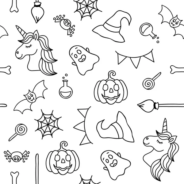 Halloween things and unicorn black outline seamless pattern — Stock Vector