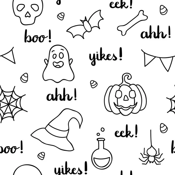 Palavras de Halloween letras e itens contorno preto — Vetor de Stock