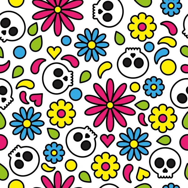 Skull seamless pattern day of the dead cute floral bright colorful — Stock Vector