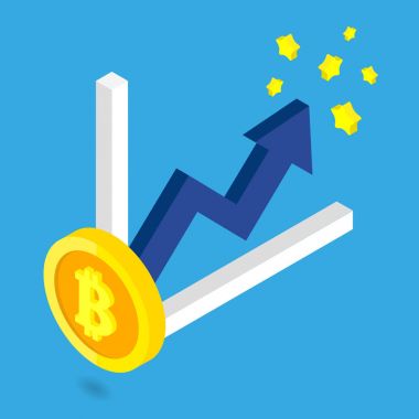 Bitcoin altın büyüme ile mavi ok ve grafik izometrik
