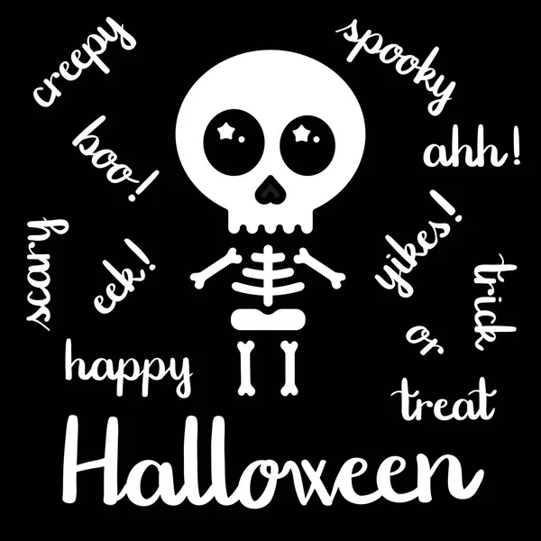 Bonito esqueleto kawaii halloween vetor de caligrafia — Vetor de Stock