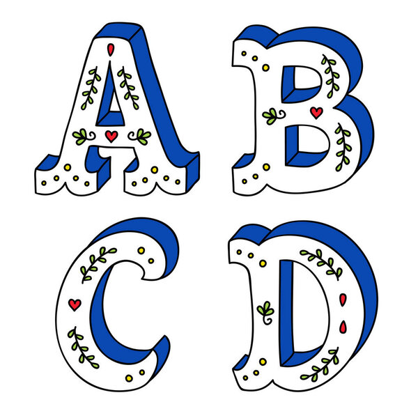 Hand lettering drawing set of cute letters with decorative ornaments