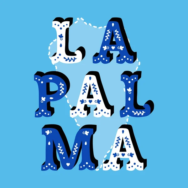 La Palma dekorativních ozdobné text s ostrov mapa modré pozadí — Stockový vektor
