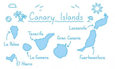 Canary islands map hand drawing doodle outline blue isolated travelling concept clipart