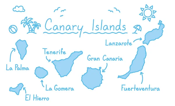 Κανάριοι Νήσοι-Χάρτης χέρι σχέδιο doodle μπλε περίγραμμα απομονωμένες ταξιδεύουν έννοια — Διανυσματικό Αρχείο