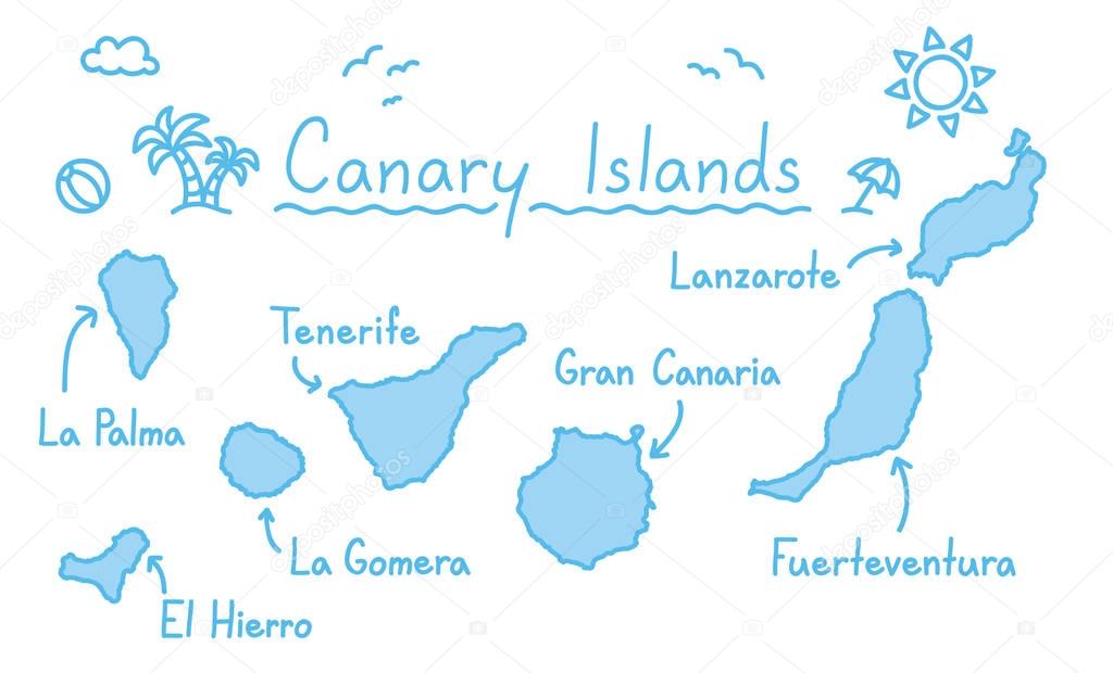 Canary islands map hand drawing doodle outline blue isolated travelling concept