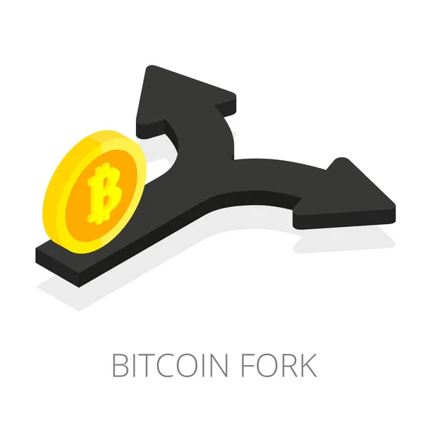 Bitcoin widelec na białym tle izometryczny strzałka split z kryptowaluta monet — Wektor stockowy