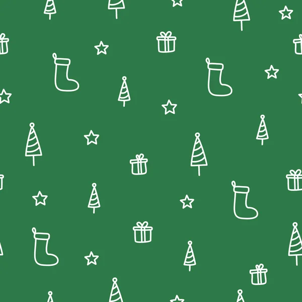 Árbol de invierno y calcetín verde garabato patrón sin costuras concepto de Navidad — Archivo Imágenes Vectoriales