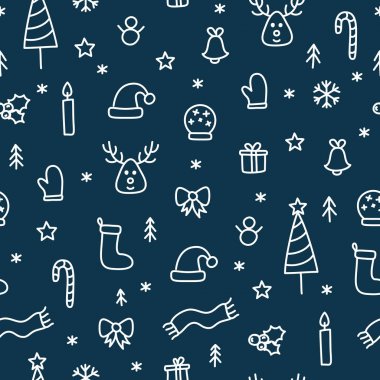 Noel doodle şeyler Dikişsiz şirin desen Ren geyiği, ağaç, kar taneleri