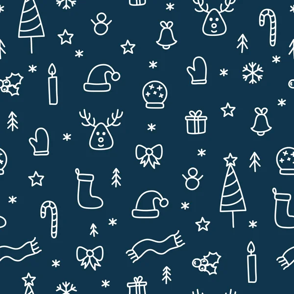 Navidad garabato cosas inconsútil patrón lindo reno, árbol, copos de nieve — Vector de stock