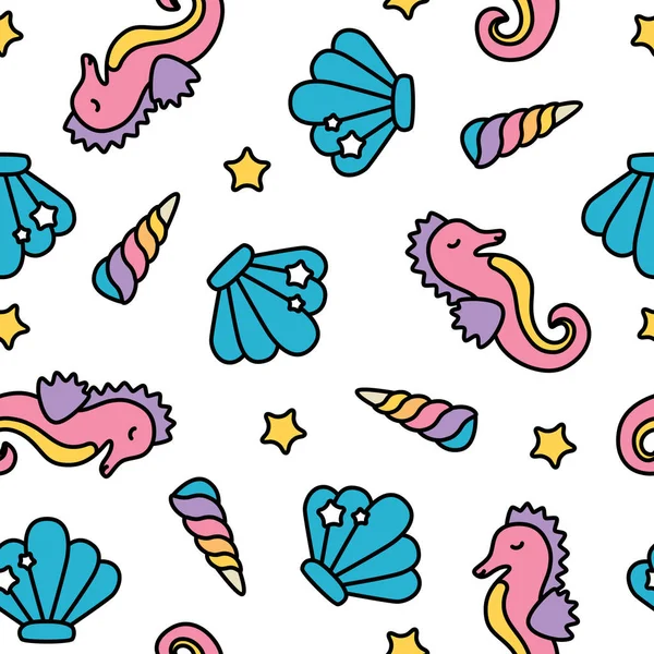 Schattig regenboog pastel seahorse zee naadloze patroon met unicorn horns — Stockvector