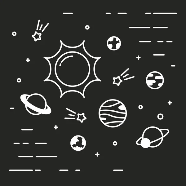 Linear universe with planets linear simple minimalistic style black background — Stock Vector