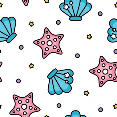 Sevimli deniz hayvanı kabuğu ve denizyıldızı deniz model beyaz arka plan üzerinde