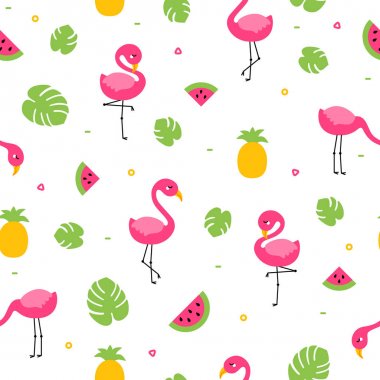 Tropikal renkli flamingo Dikişsiz desen yaprak, kavun ve ananas ile