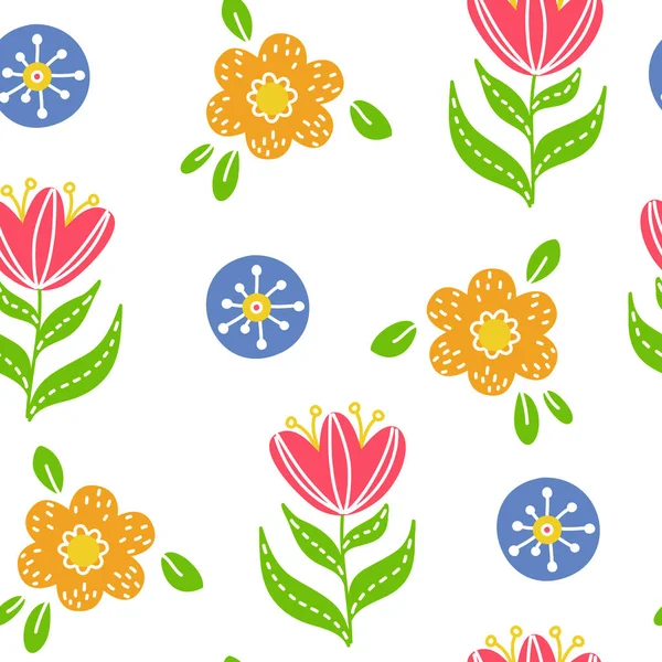 Colorful simple floral seamless pattern on white background doodle style — Stock Vector