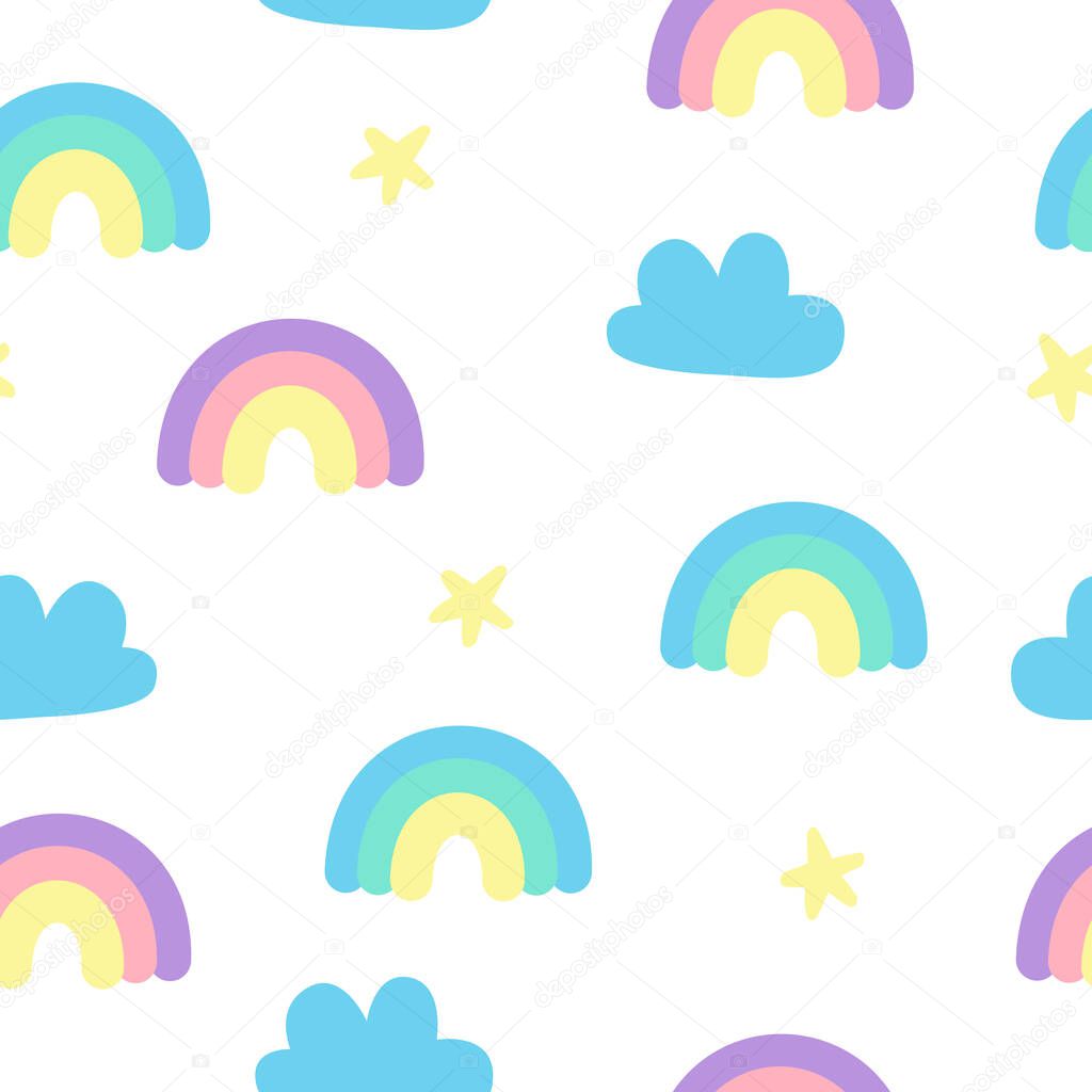 Pastel fluffy cute rainbow and clouds sky seamless pattern