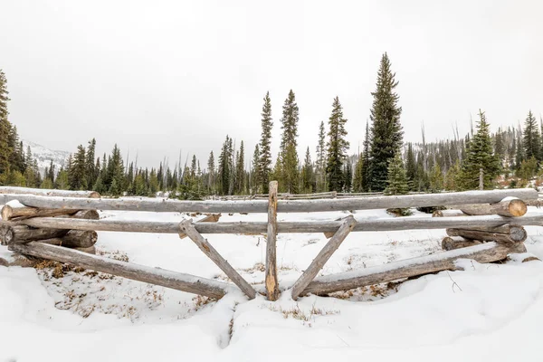 Clôture en rondins recouverte de neige dans les montagnes Idaho — Photo