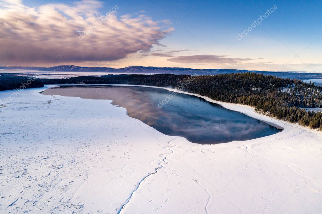 Upper Payette Lake in McCall Idaho in winter aerial view