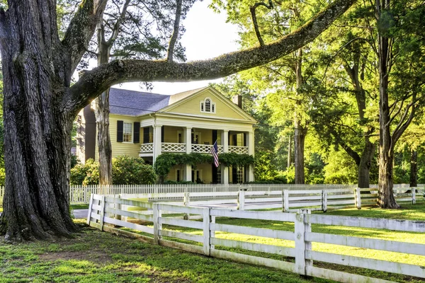 Tree and fence help frame a yellow building — Stock Photo, Image