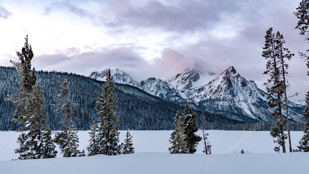 Winter wilderness mountains and forest morning with snow and clo