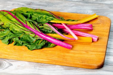 Kesme tahtasının üzerinde duran gökkuşağı İsviçre pazısı