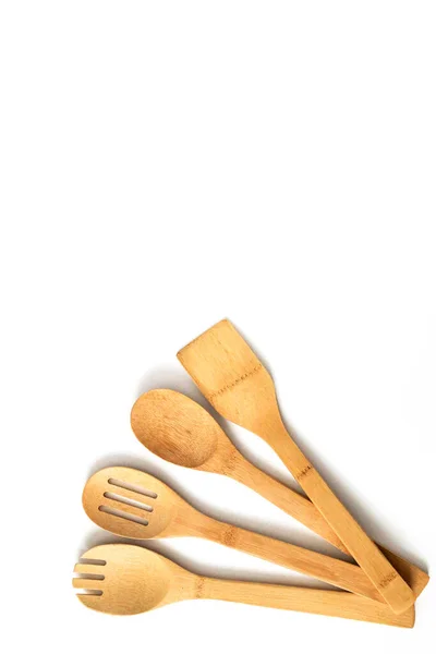 Spatules Bambou Pour Cuisiner Sur Fond Blanc Vue Dessus — Photo