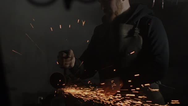 Blacksmith using angle grinder. Handheld slow motion in 4k . — 비디오