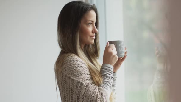 Mooie jonge vrouw die thee drinkt en naar buiten kijkt. Neergeschoten in Slovenië. — Stockvideo