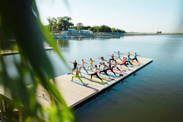 Gölün yakınındaki bir pontonda yoga derslerine katılan büyük bir grup insan..