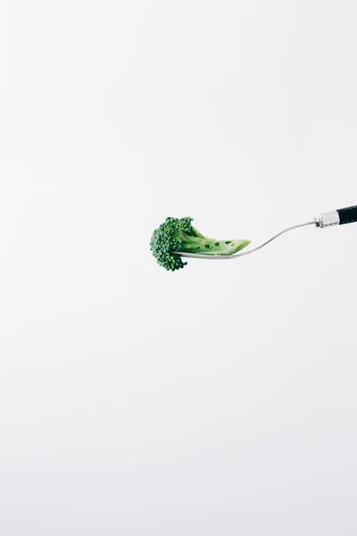 Garpu dengan perbungaan hijau brokoli segar pada latar belakang putih. makanan vegan — Stok Foto