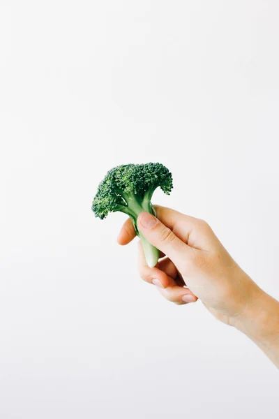 Inflorescencia verde de brócoli fresco en la mano sobre un fondo blanco. comida vegana — Foto de Stock