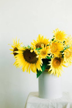 Beyaz arka planda bir vazo içinde parlak sarı ayçiçeği çiçekleri.