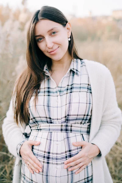 Egy Fiatal Terhes Lány Egy Könnyű Ellenőrzött Ruhában Egy Meleg — Stock Fotó