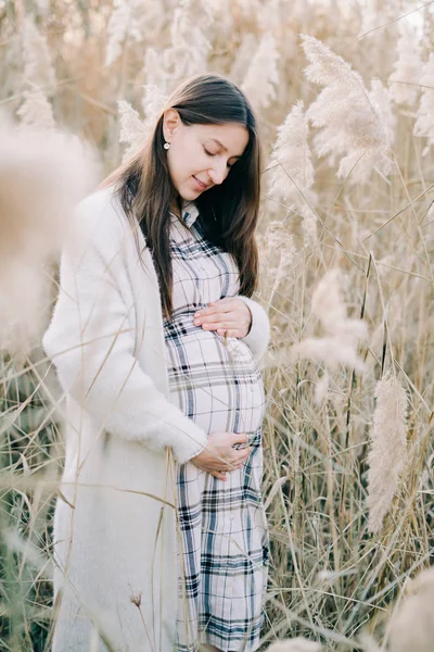 Una Joven Embarazada Con Vestido Ligero Cuadros Una Chaqueta Caliente — Foto de Stock