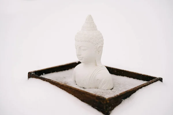 Figurine Bouddha Blanche Plâtre Sur Support Bois Lors Une Chute — Photo