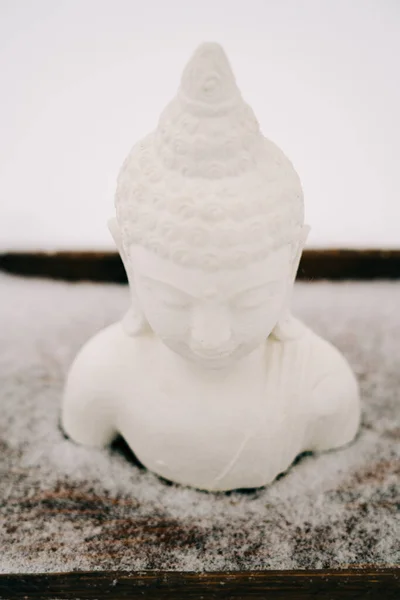 Figurine Bouddha Blanche Plâtre Sur Support Bois Lors Une Chute — Photo