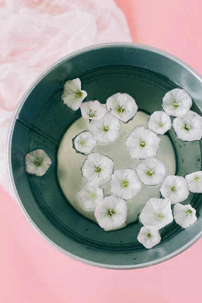 white flowers in a bucket of water