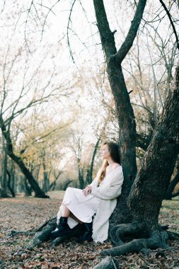Açık beyaz elbiseli, siyah ayakkabılı genç, çekici bir kızın portresi. Resimli bir ağacın kökünde oturuyor.