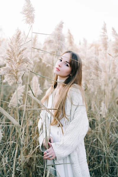 Portrait Young Beautiful Girl White Dress Warm Knitted Cardigan Black — Stock Photo, Image