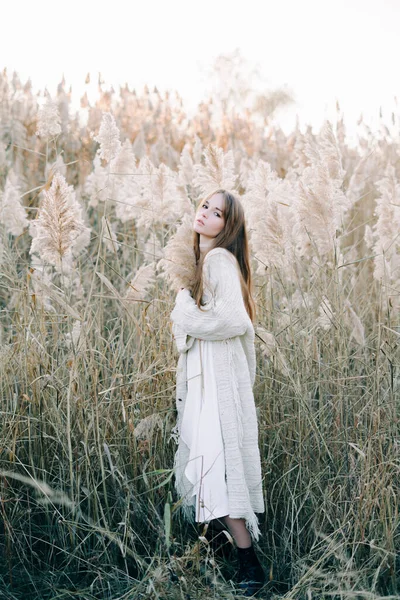 Portrait Young Beautiful Girl White Dress Warm Knitted Cardigan Black — Stock Photo, Image