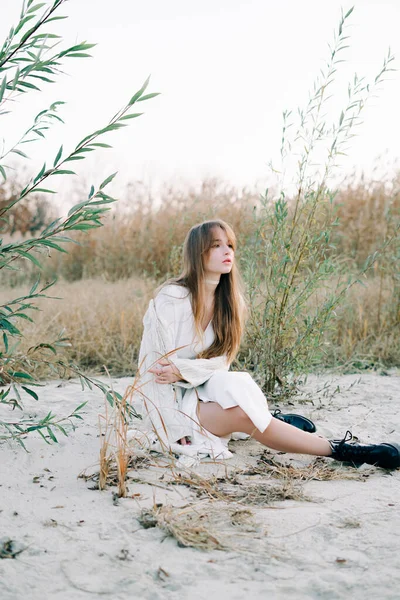 Portrait Young Girl White Dress Warm Knitted Cardigan Black Shoes — Stock Photo, Image