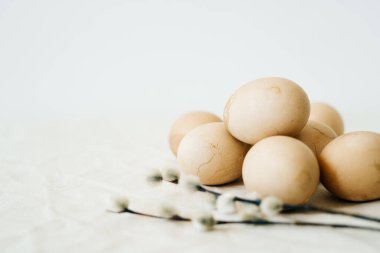 Bir kaç paskalya yumurtası renkli pastel renginde çatlaklar tomurcuklanan söğüt dallarıyla birlikte açık masa örtüsünün üzerinde yatıyor. Asgari tarz. Paskalya konsepti