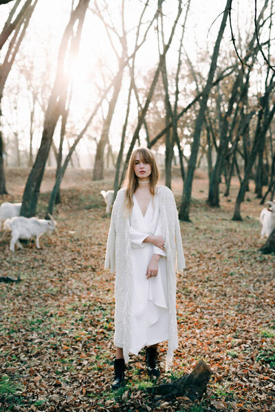 portrait of a young attractive fair haired girl in a light white dress and black shoes in a picturesque forest with goats
